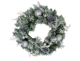 24-in. Christmas Frosted Wreath Door Hanging with Ornaments, Pinecones, and Berries