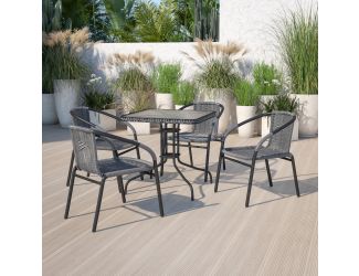 28" Square Tempered Glass Metal Table with Gray Rattan Edging