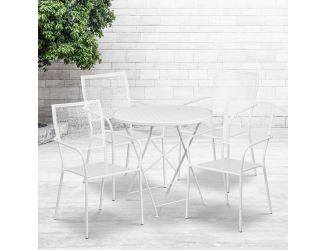 30" Round White Indoor-Outdoor Steel Folding Patio Table Set with 4 Chairs