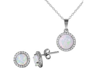 PARIKHS Rhodium Plated Halo Necklace-Earring Set with Synthetic Opal and CZ in 925 Sterling Silver