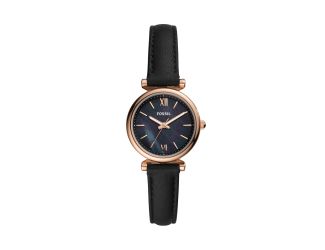 Ladies Carlie Mini Rose Gold & Black Leather Strap Watch Black Dial
