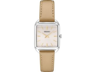 Seiko Essentials Ladies Strap SS Quartz Blush Pink Square Dial, Silver bezel, Tan strap