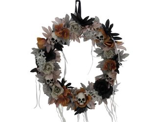 22-in. Gothic Skull Wreath with Multicolor Flowers, Indoor or Covered Outdoor Halloween Decoration