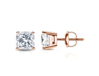 Bright White Pinnacle Cushion Lab Grown Diamond Screwback Stud in 14K Rose Gold 2.00ct, GH, VVS