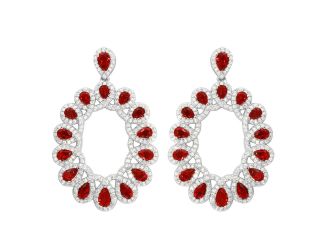 PARIKHS Rhodium Plated Open Oval Red and Clear CZ Hanging Earring in 925 Sterling Silver
