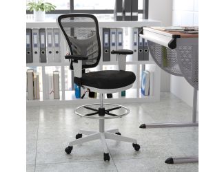 Mid-Back Black Mesh Ergonomic Drafting Chair/White Frame - Adjustable Foot Ring