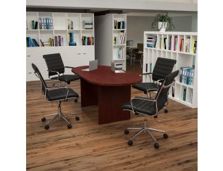5 Piece Mahogany Oval Conference Table with 4 Black LeatherSoft Ribbed Chairs