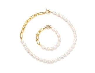 Natural Baroque Pearl and Paperclip Necklace and Bracelet Set