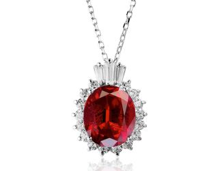 PARIKHS Rhodium Plated Oval Pave with Red Baguette Crown CZ in 925 Sterling Silver