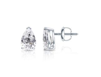 Bright White Pinnacle Pear Lab Grown Diamond Screwback Stud in 14K White Gold 1.00ct, GH, VVS