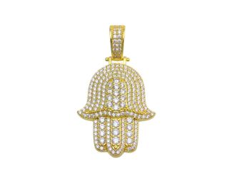 PARIKHS Men's Gold Plated CZ Hamsa Hand Hip Hop Pendant with chain in 925 sterling Silver
