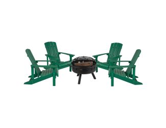 5pc Charlestown Adirondack Chair & Fire Pit Set: Green