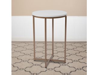 White Laminate Living Room End Table with Crisscross Brushed Gold Metal Frame