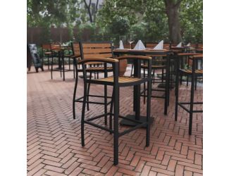 Commercial Grade Outdoor Bar Stool with Armrests and Poly Resin Slats - Teak