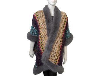 Aztec Zig Zag Knit Ruana, Faux Mink Trim