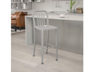 30" High Silver Metal Indoor-Outdoor Barstool with Vertical Slat Back