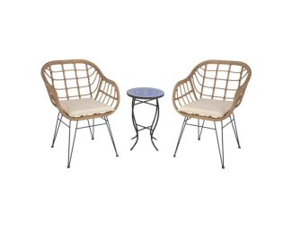 2 Faux Rattan Basket Chairs - Brown w/Pansies Blue Mosiac Accent Table