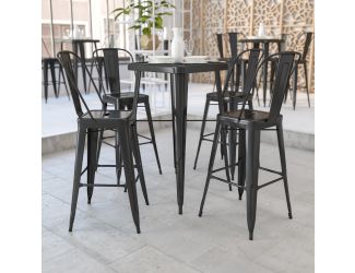 23.75" Square Black Metal Indoor-Outdoor Bar Table Set with 2 Stools with Backs