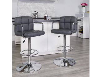 Gray Quilted Vinyl Adjustable Height Barstool with Arms and Chrome Base