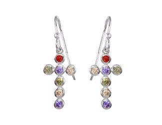 PARIKHS Rhodium Plated Multi-Colored CZ Cross Earring in 925 Sterling Silver