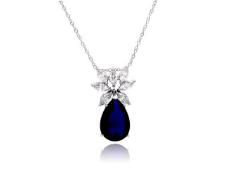 PARIKHS Rhodium Plated Clear CZ and Blue Pear Shapped CZ Pendant Necklace in 925 Sterling Silver