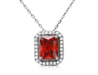 PARIKHS Rhodium Plated Red Square Halo Pendant with chain in 925 Sterling Silver