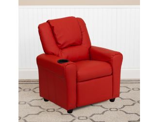 Contemporary Red Vinyl Kids Recliner with Cup Holder and Headrest