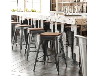 Indoor/Outdoor Backless Counter Stool with Poly Seat - Black/Teak