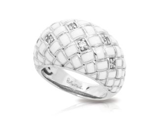 Belle Etoile Round Cubic Zirconia studded White Enamel Harlequin Size-7 Ring - 925 Sterling Silver.