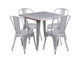 31.5" Square Silver Metal Indoor-Outdoor Table Set with 4 Stack Chairs