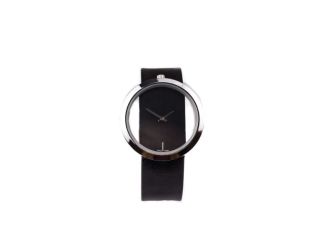 Ladies' Stainless Steel and Black Leather See Through Fashion Watch