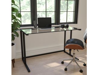 Glass Top Desk with Black Pedestal Metal Frame - Home Office Furniture