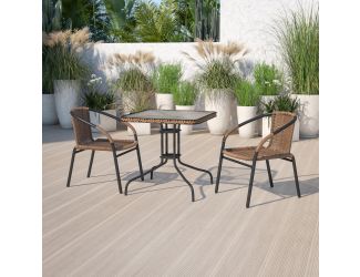 28" SQ Glass Metal Table with Dk Brown Rattan Edging & 2 Dk Brown Rattan Chairs