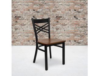 Black "X" Back Metal Restaurant Chair - Cherry Wood Seat