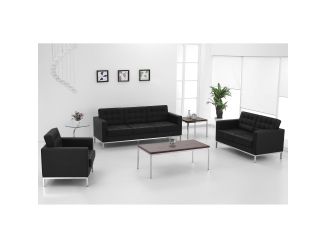 Button Tufted Black LeatherSoft Loveseat w/Integrated Stainless Steel Frame