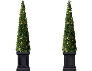 Set of Two 40" Boxwood Topiary Cones with Square Pots and Clear LED Lights
