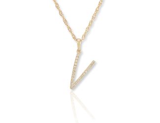 PARIKHS Diamond Initial 'V' Pendant Necklace in 18k Yellow Gold over Sterling Silver 0.10ct IJK-I2