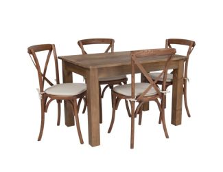 46" x 30" Antique Rustic Farm Table Set with 4 Cross Back Chairs and Cushions