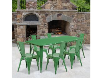 31.5" x 63" Rectangular Green Metal Indoor-Outdoor Table Set with 6 Stack Chairs