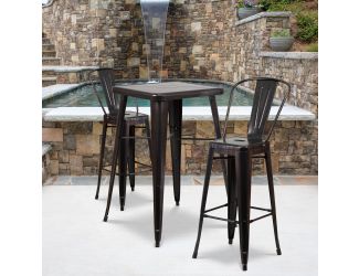 23.75" Square Black-Antique Gold Metal Bar Table Set with 2 Stools with Backs