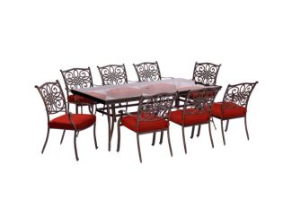 Traditions 9-Piece Dining Set in Red with an 84 x 41 In. Glass-Top Dining Table