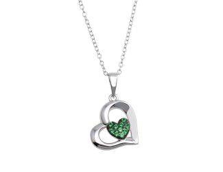 PARIKHS Rhodium Plated Heart Pendant Necklace with Green CZ in 925 Sterling Silver