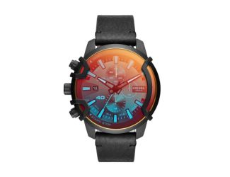 Men's Griffed Chronograph Black Leather Strap Watch Iridescent Dial
