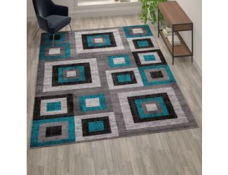 Modern Geometric Design Area Rug in Turquoise, Grey, and White - 8' x 10'