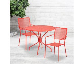 35.25" Round Coral Indoor-Outdoor Steel Patio Table Set w/ 2 Square Back Chairs