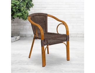 Dark Brown Rattan Restaurant Patio Chair with Red Bamboo-Aluminum Frame