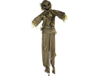 Life-Size Animatronic Scarecrow, Indoor/Outdoor Halloween Decoration, Light-up Red Face, Poseable, B