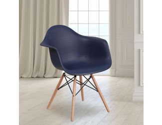 Navy Plastic Chair with Arms and Wooden Legs - Accent & Side Chair