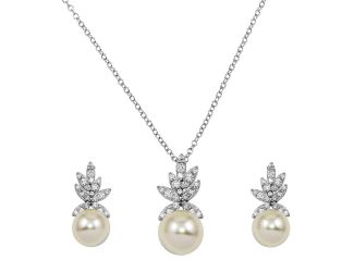 PARIKHS Rhodium Plated CZ Leaves with Synthetic Pearl Necklace-Earring Set in 925 Sterling Silver