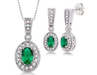 Emerald and Diamond Earrings and Necklace Set